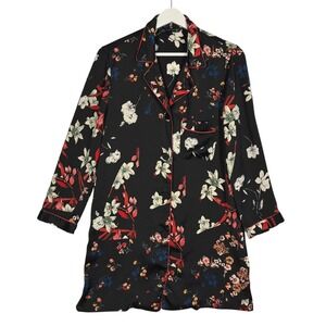 Zara Woman Black Floral Pajama Shirt Dress Red Piping Button Up Satin Small